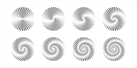 Set of ripple circle icons. Round shapes with swirled polka dot lines isolated on white background. Vortex, sonar wave, soundwave, whirlpool, black hole signs. Vector graphic illustration