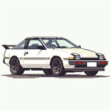 A minimalist depiction of a classic white sports car rendered in nostalgic pixel art, evoking the early days of digital art and video games