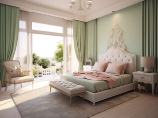 A modern bedroom with pastel tones and large windows, offering a stunning view. .