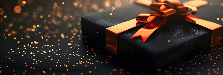 Textured bow adorns a gift box placed on a contrasting dark background. - obrazy, fototapety, plakaty