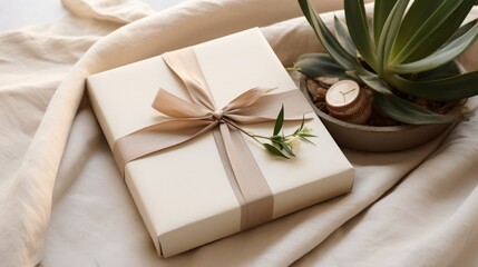 Gift and Green Plant on Burlap Texture, Serene Setting, AI Created