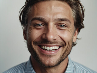 Fototapeta premium Cheerful Young Man Radiating Joy - High-Quality Portrait Isolated on Gray Background
