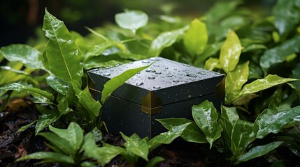 Gold Detail Black Box Amid Green Leaves with Water Droplets AI Generated
