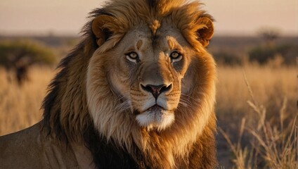 Close up view of a majestic male lion bathed in the warm glow of a setting sun in the vast African savanna