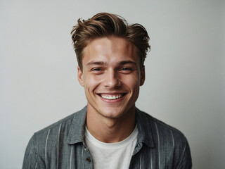 Obraz premium Cheerful Young Man Radiating Joy - High-Quality Portrait Isolated on Gray Background