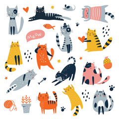 Cute cats vector set. Cartoon cats characters design collection with flat color in different poses. Set of funny pet animals isolated on white background. © Наталья Пшеничная