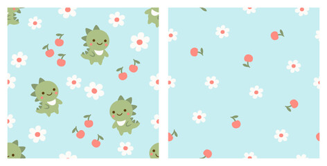 Cute dinosaur with cherry and flower seamless pattern. Kid design. Surface vector design. - 779242673