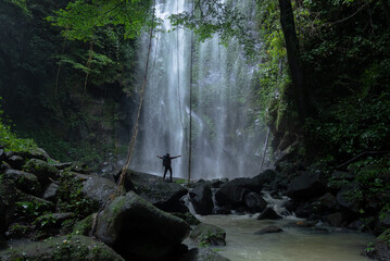 A man explores the tropical rainforests to find a hidden waterfall