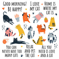 Funny and cute cats with text vector set. Cartoon cats characters design collection with flat color in different poses. Set of funny pet animals isolated on white background.