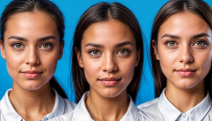 Portrait of multiracial women wearing white in studio looking at camera over blue background created with generative ai - obrazy, fototapety, plakaty