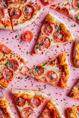 Photography slices of pizza on pink background.