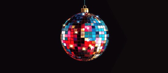 Fototapeta premium A Christmas ornament in the form of a disco ball is suspended from a string against a black background. The glass circle reflects light beautifully, resembling a miniature astronomical object