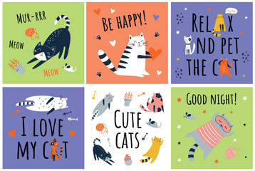 Cute cats with text set. Cartoon cats characters design collection with flat color in different poses. Set of funny pet animals isolated on color background.