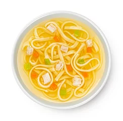 Rolgordijnen Instant chicken noodle soup isolated on white background, top view © xamtiw