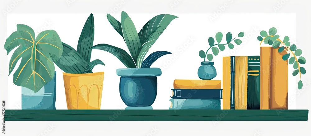 Poster a rectangular shelf displaying a collection of houseplants in flowerpots, along with books. the elec