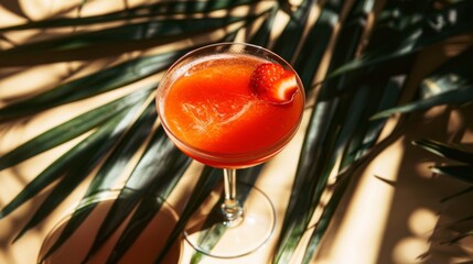 Bask in the warmth with a strawberry daiquiri, perfectly poised in its elegance amidst the dance of palm shadows, inviting a tropical escape.