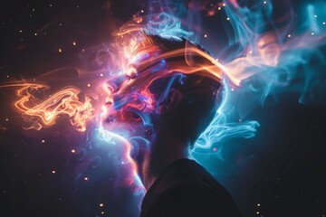 Fototapeta premium A mans face surrounded by colorful smoke, creating a mesmerizing and dreamlike atmosphere