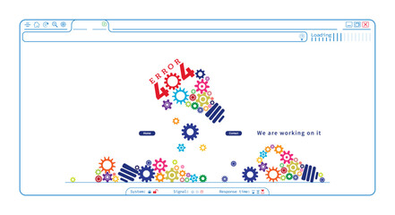 Error 404 abstract website browser template design with lightbulb shape gears and screws. Webpage internet security warning to use for programming, web development, webpage error, error 404 projects. 