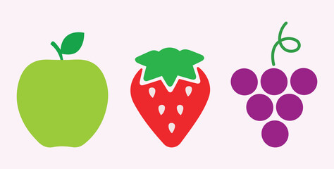 Strawberry, apple, grape berry fruit. Tasty, healhy food. Organic, healthy, farm, agriculture. Diet, health, nutrition, delicious. Icon, vector