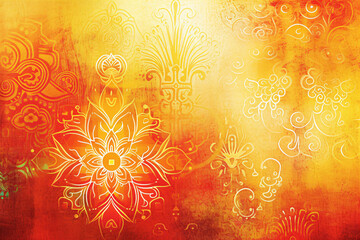 Golden lotus on red background. Beautiful Rangoli floral design for Onam. Oriental Indian style. Diwali, Gudi Padwa, Ugadi. Line art design for wallpaper, card, banner, poster and background 