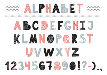 Playful style font design, colorful childish alphabet, letters and numbers vector illustration