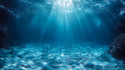 Fototapeta premium underwater deep sea bottom blue ocean landscape with sun rays nature background AI generated