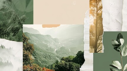 A tapestry of nature's textures, this collage blends the tranquility of foggy mountains with the verdant mystery of forested depths. - obrazy, fototapety, plakaty