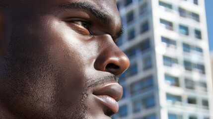 A young Oceanian man's side profile is captured in a sharp close-up, juxtaposed against a blurred urban landscape, portraying contemplation amidst city life. - obrazy, fototapety, plakaty