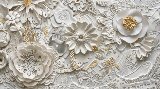 A meticulously crafted white and gold bas-relief capturing an array of flowers and foliage with lacy details, evoking elegance and the classic beauty of nature in art.