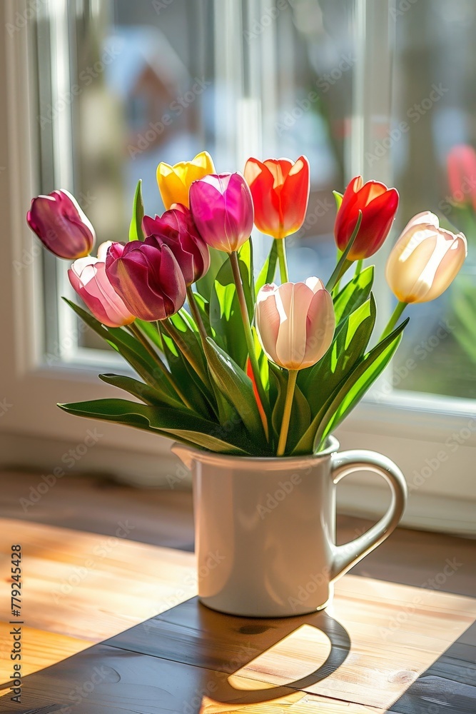 Aufkleber a colorful arrangement of tulips bursting out of a coffee cup, creating a unique and artistic floral