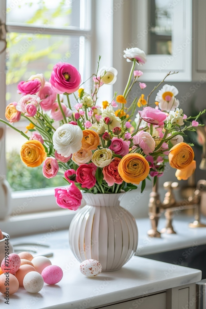 Aufkleber A white vase overflows with a vibrant array of colorful flowers, creating a stunning burst of colors and textures