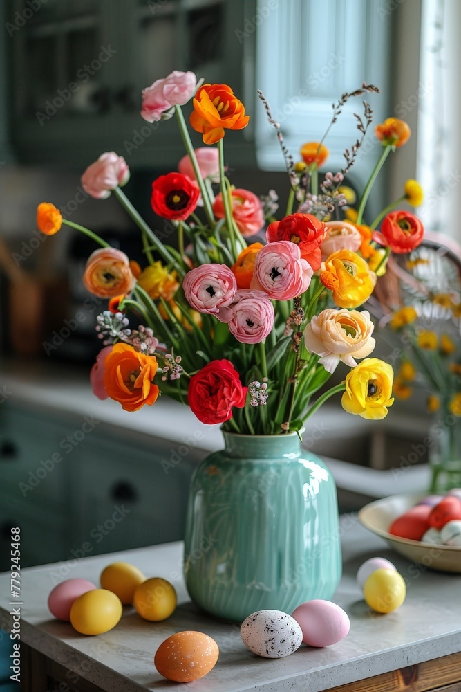 Poster A vase overflows with a vibrant array of colorful flowers, creating a stunning display of natures beauty