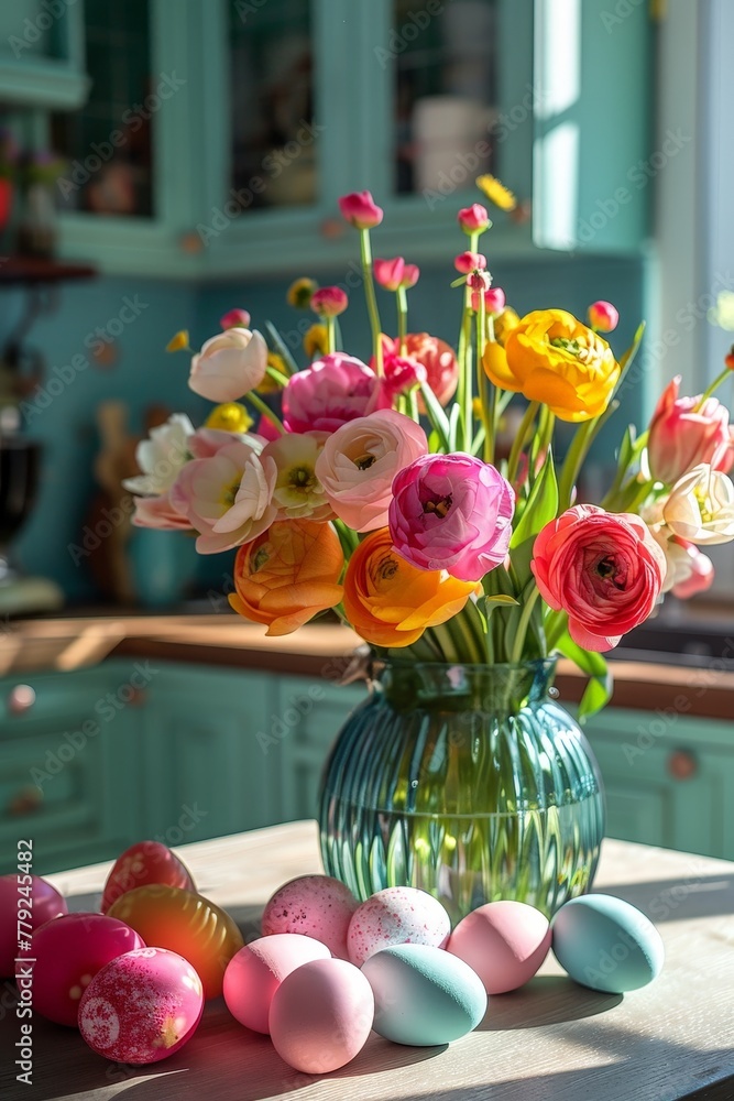 Poster Happy Easter with A vibrant display of various colorful flowers overflowing from a vase, creating a mesmerizing and lively arrangement