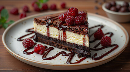 Decadent Raspberry Chocolate Cake Slice, Fresh Berries Garnish