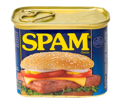 Tin Can of Hormel foods brand Spam meat isolated on transparent background