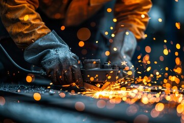 A close-up capture of a worker grinding metal, producing a brilliant shower of sparks, highlighting the rough industry and meticulous skill