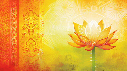 Golden lotus on orange background. Yoga and meditation concept. Diwali, Deepavali, Ugadi, Gudi padwa. Dhanteras celebration. Beautiful asian backdrop for wallpaper, card, banner, poster, fabric, print