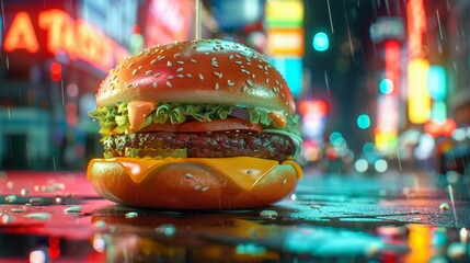 3D rendering of a cheeseburger with neon lights at Times Square, blending fast food and iconic locations - obrazy, fototapety, plakaty