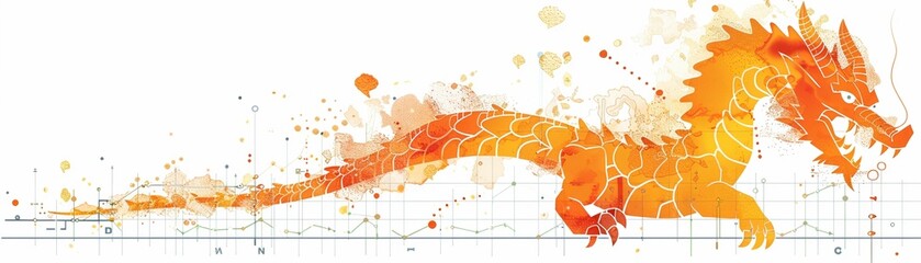 A 2D sketch of a business graph transforming into a fiery dragon, embodying downfall and failure, white background