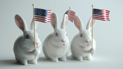3D rabbits with flags for Independence Day, patriotic and bright on white - obrazy, fototapety, plakaty