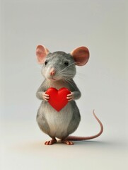 A 3D mouse with a heart for Valentines Day, romantic and colorful on white