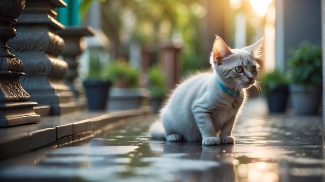 A stray cat in a puddle