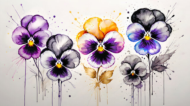 pansies painted with watercolors. delicate flowers for design
