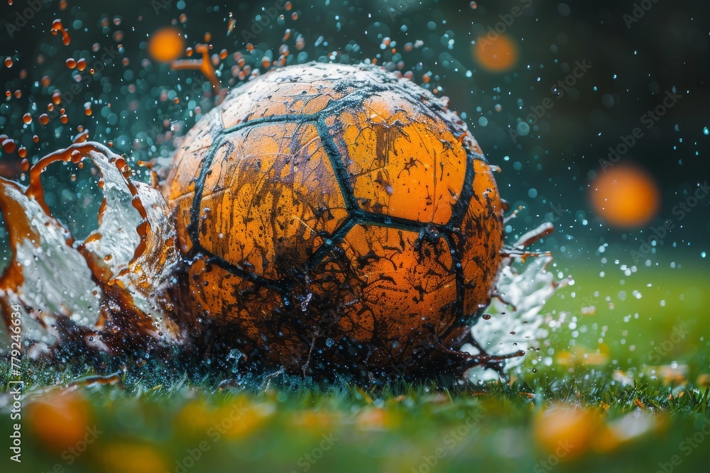 Poster striking image of a soccer ball causing a water splash on a vibrant green grass field with dynamic d