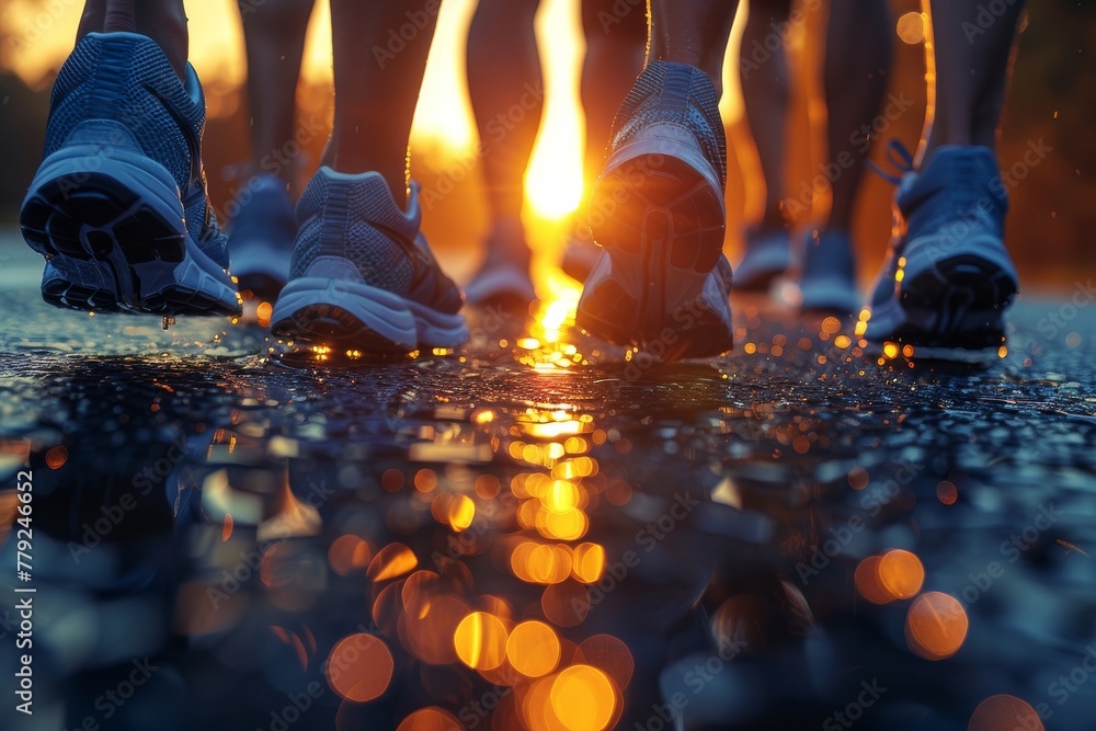 Poster low angle view capturing runners' feet in motion on a reflective wet pavement glowing with the warmt
