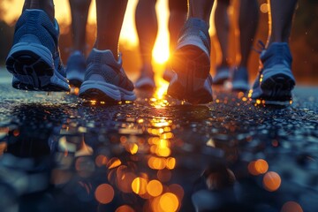 Low angle view capturing runners' feet in motion on a reflective wet pavement glowing with the warmth of sunrise