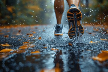 A close-up showing the strength and determination of a runner's feet on a wet road strewn with autumn leaves - obrazy, fototapety, plakaty