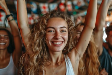 Fototapeta premium Joyful woman with curly hair and freckles smiling and celebrating at a crowded event with hands raised