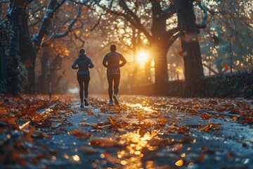 A couple enjoys a morning jog in a scenic autumn environment with a soft glowing sunrise illuminating the fallen leaves