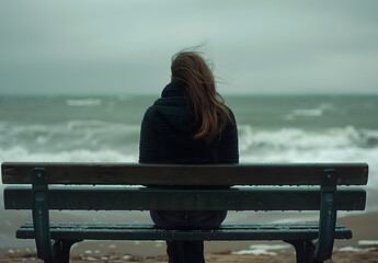 A dishevelled girl sits alone on a bench overlooking the ocean, portraying feelings of solitude and emotional distress.